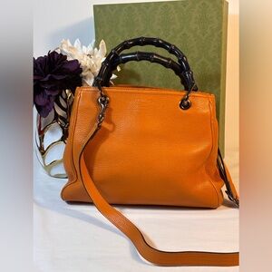 Gucci Orange Pebbled Leather Medium Bamboo Shopper Tote
